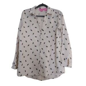 Isaac Mizrahi‎ Button Down Shirt Women's M Beige Roll Tab Sleeve 100% Linen